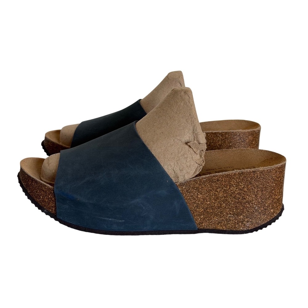 Bio Bio Platform Slide Sandals Womens 9.5‎ Blue Leather Cork Wedge EUC